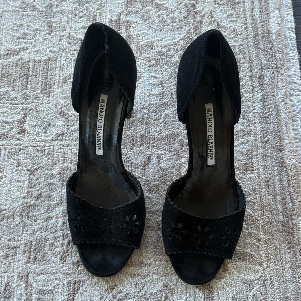 Manolo Blahnik Suede Flower Heels